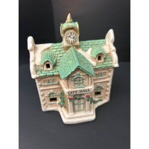 Christmas Village City Hall Miniature Figurine Clock Tower & Green Roof Vintage